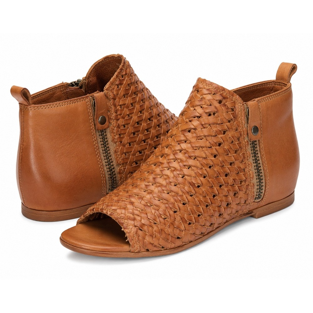 Sundance‎ US 7.5 Ashville Brown Leather Woven Flat Ankle Boot Sandals Boho